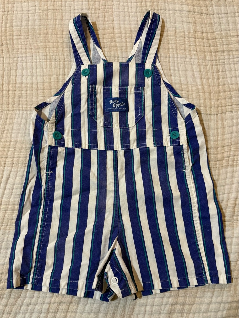Vintage OshKosh B'gosh Navy, White & Green Striped Kids Overalls